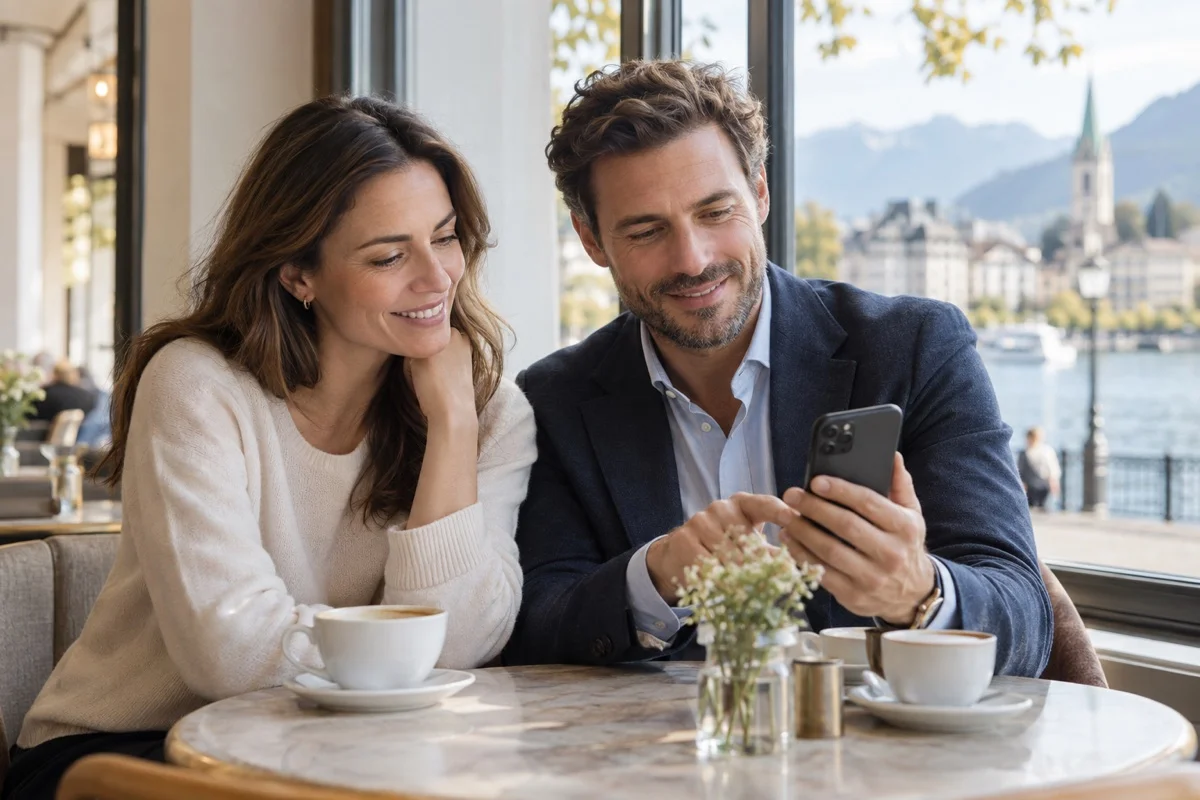 Deux personnes consultent ensemble leur téléphone dans un café.
