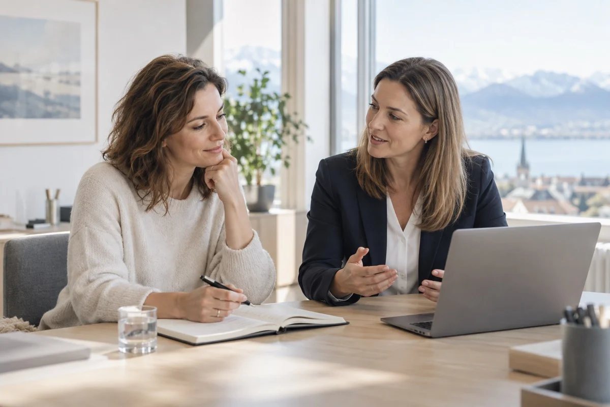 Deux femmes échangent autour d’un projet et d’un ordinateur.