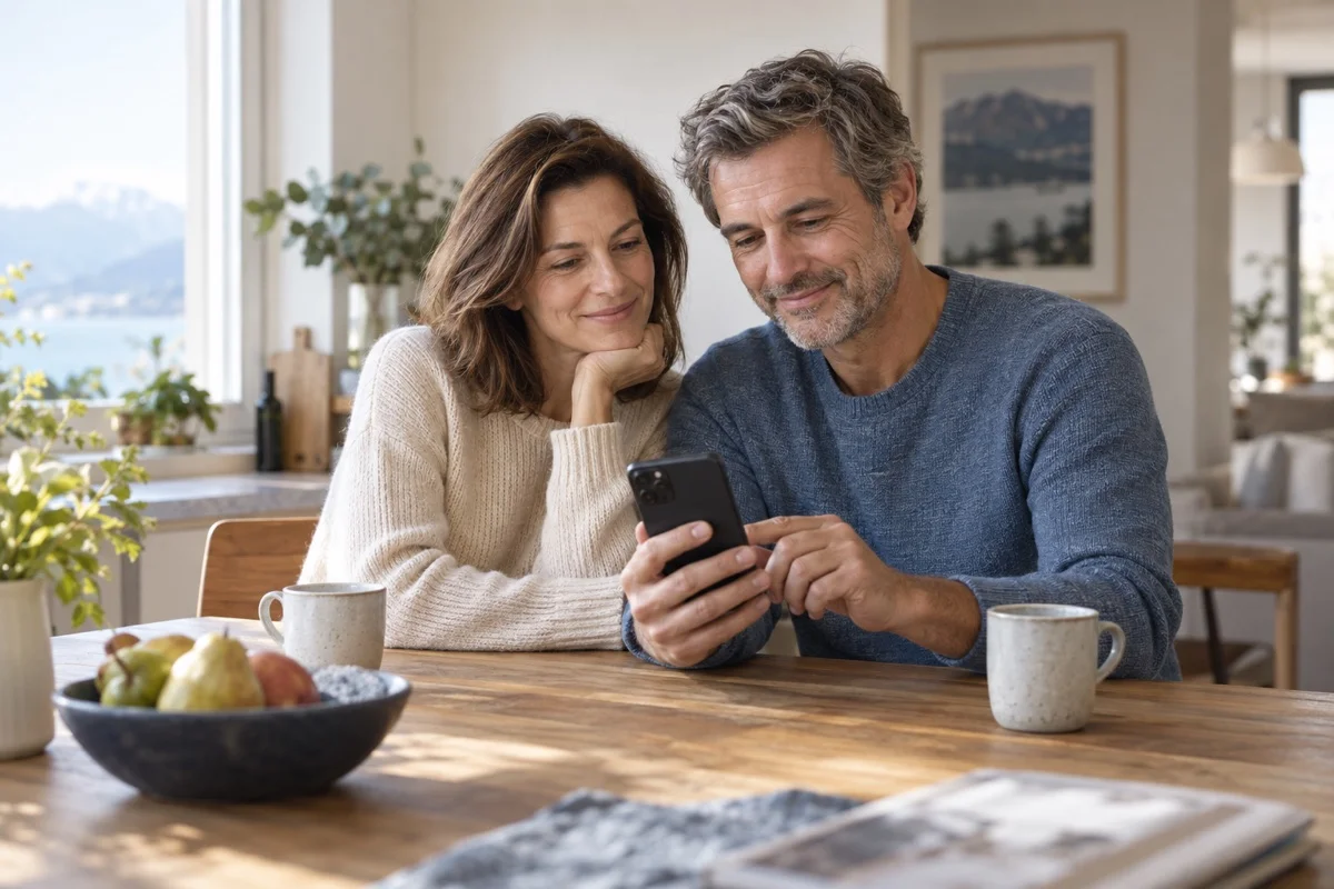 Un couple sourit en consultant son téléphone.